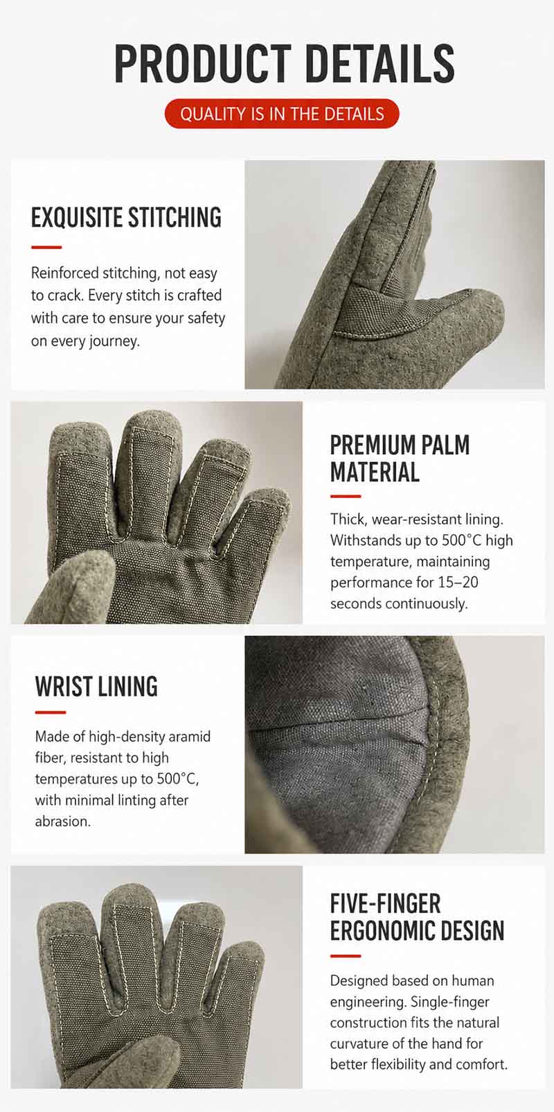 heat resistant gloves 500 degrees detail